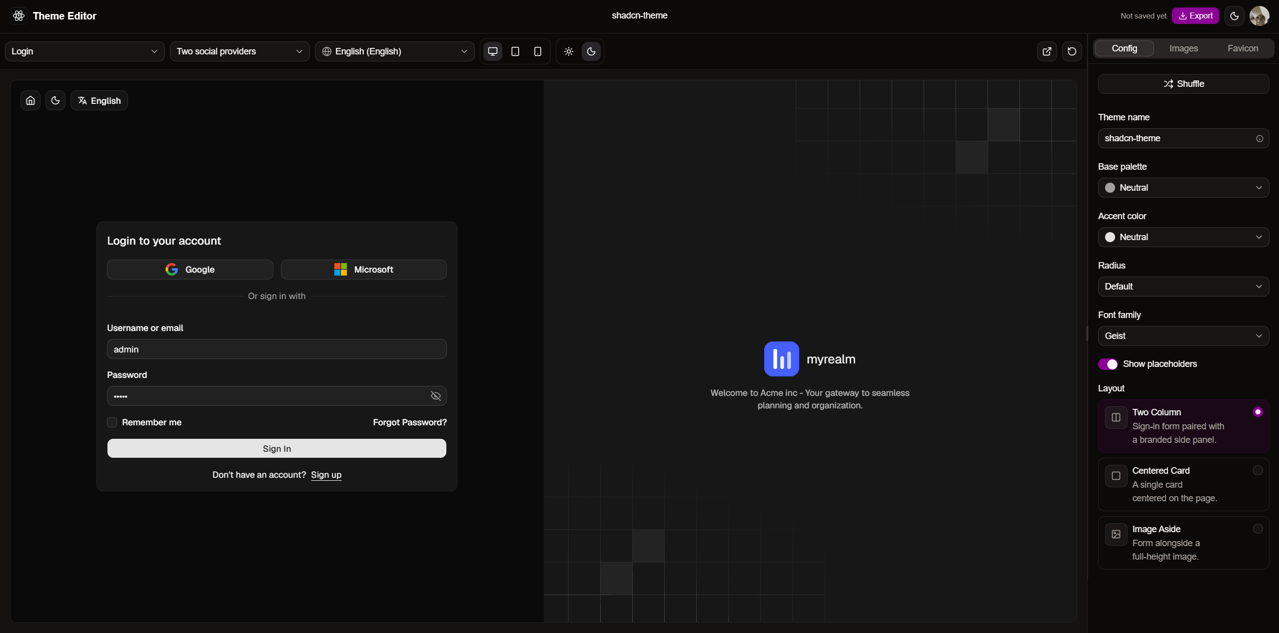 Keycloak Theme Editor visually customizing a login page in dark mode