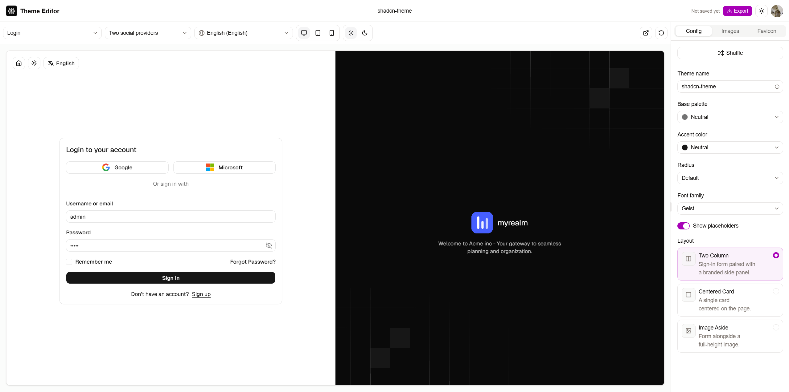 Keycloak Theme Editor visually customizing a login page in light mode
