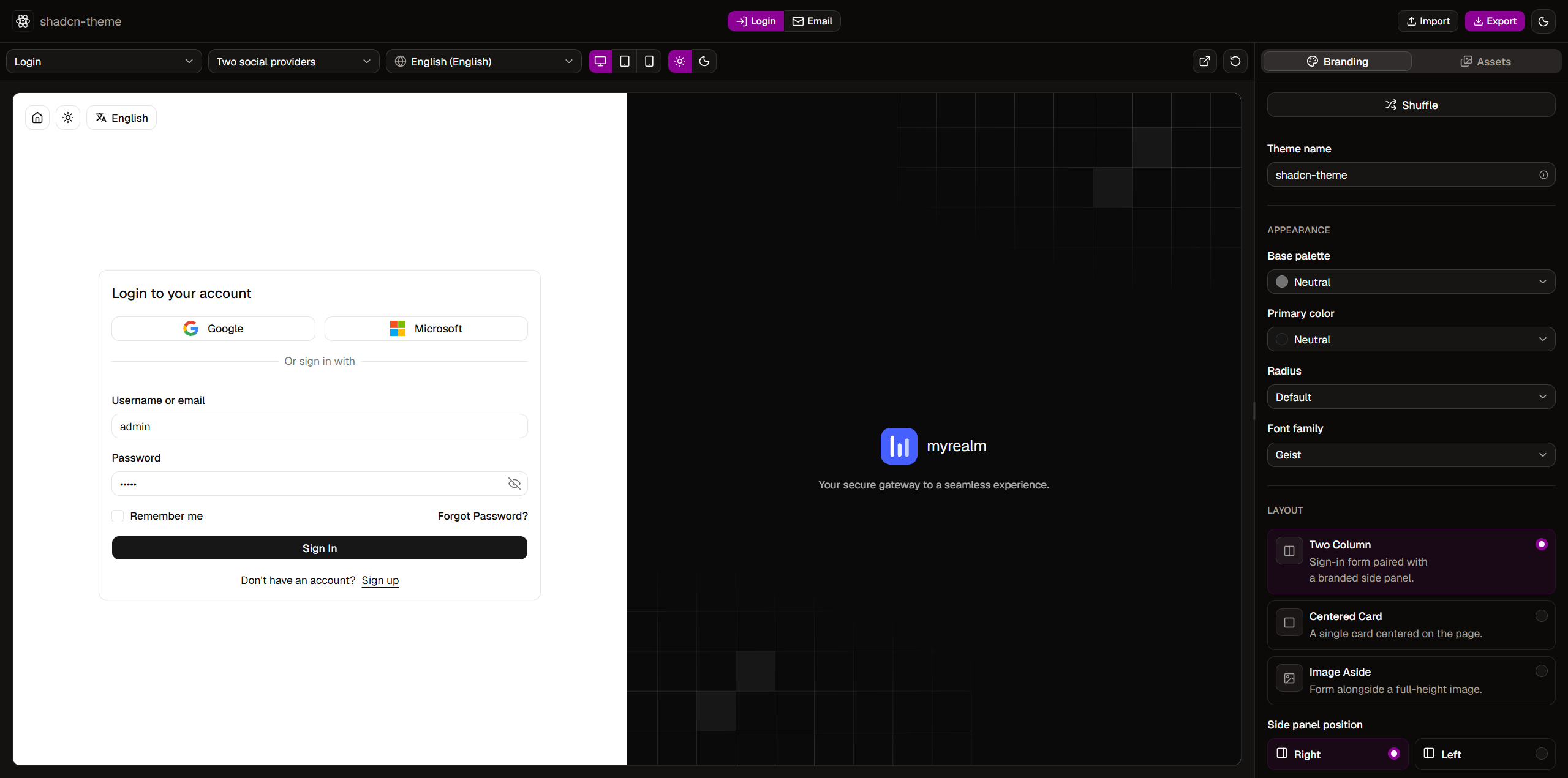 The editor: a configuration sidebar beside a live preview of a themed Keycloak login page