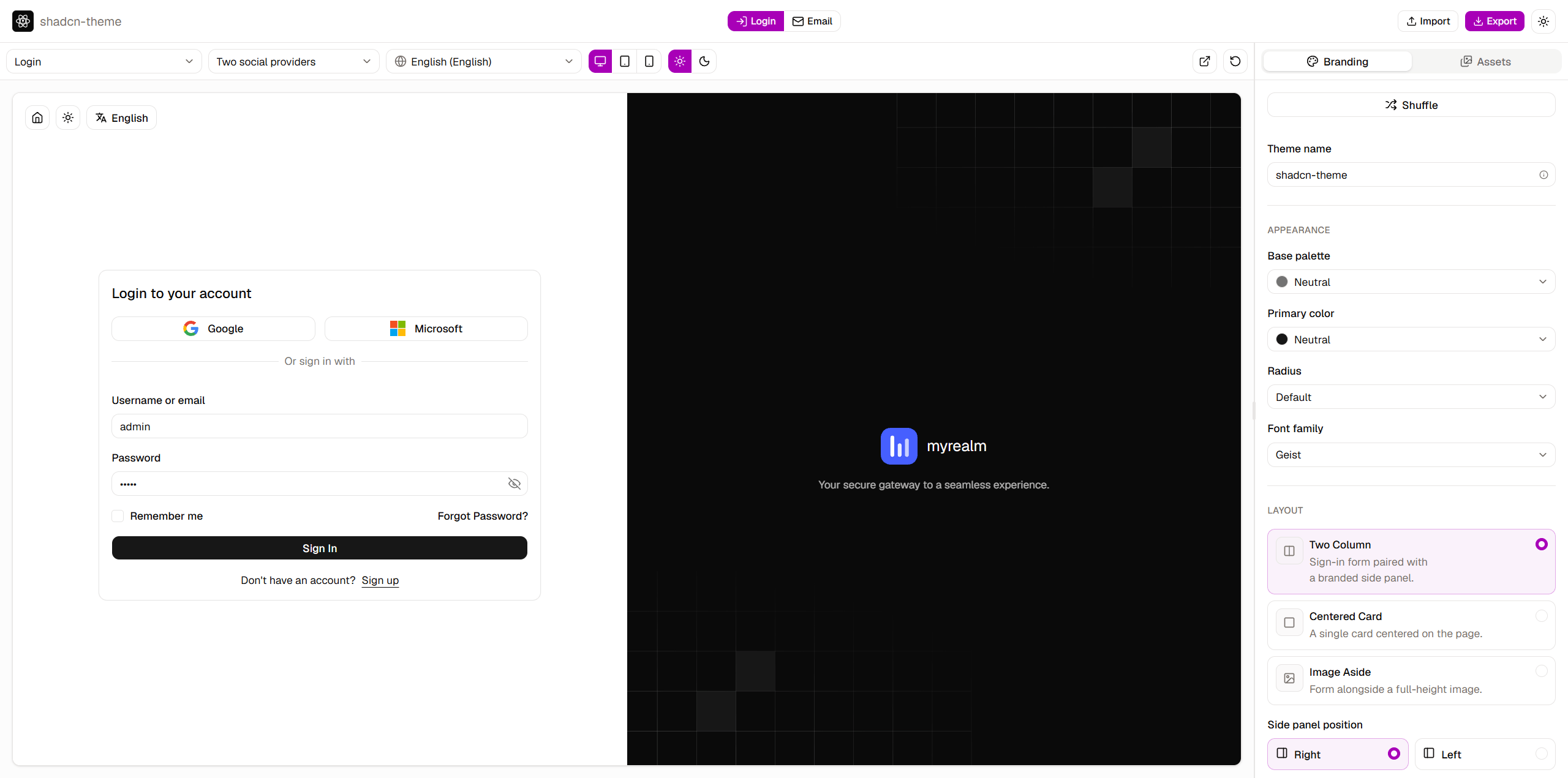 The editor: a configuration sidebar beside a live preview of a themed Keycloak login page
